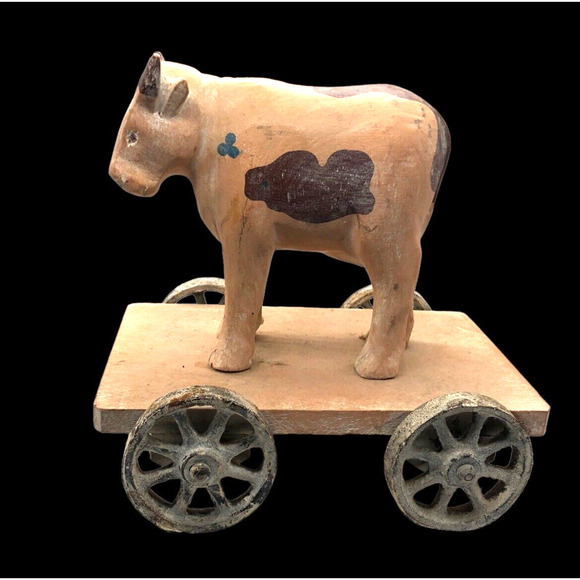 Vtg Cow Pull Toy Composite Wood Heavy Cast Iron ? Wheels LARGE Primitive Western - Picture 1 of 11